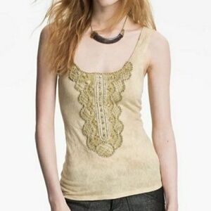 Free People Women Size XS Creme Gold Beaded Sleeveless Tank Top NWT $88
